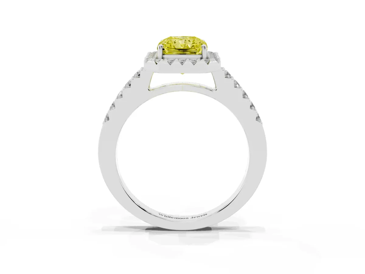 Fancy Yellow Radiant Cut Halo Diamond Pavé Solitaire Ring Platinum