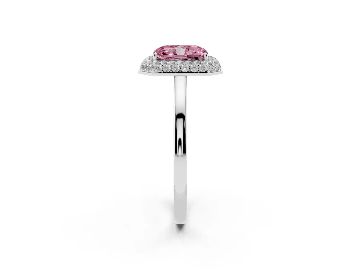 Fancy Pink Radiant Cut Halo Diamond Engagement Ring with Solitaire Band and Four-Prong Setting Silver