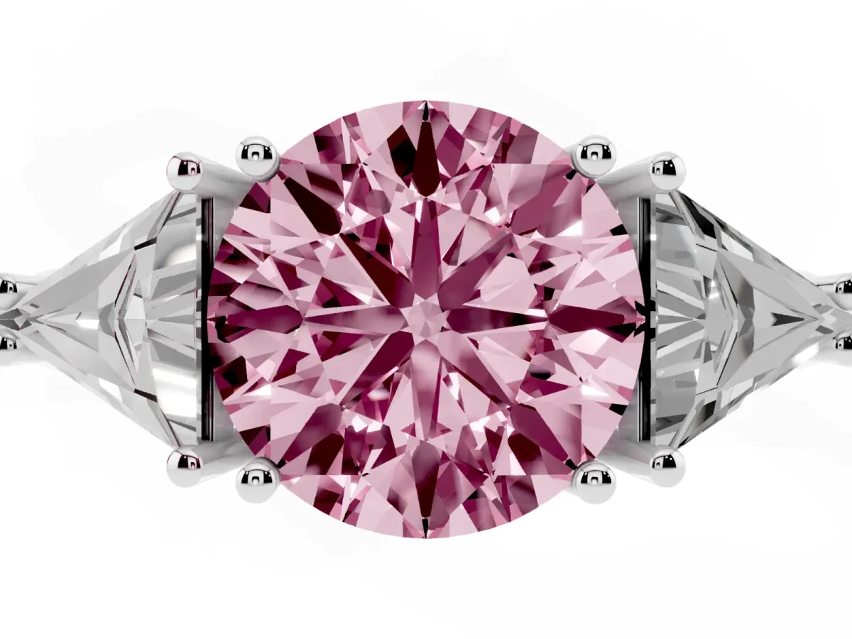 Fancy Pink Three-Stone Round Cut Diamond Engagement Ring with Trillion Side Stones and Prong Setting Silver