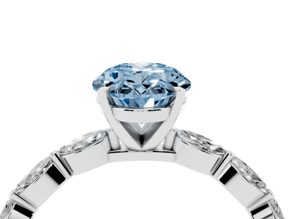 Fancy Blue Oval Cut Diamond Ring with Marquise Side Stones and Prong Setting Platinum