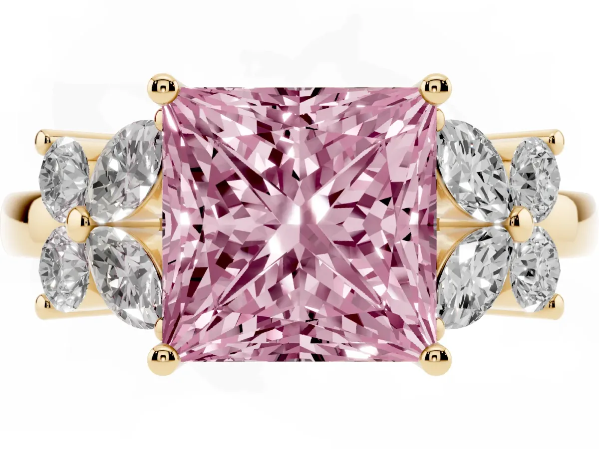 Fancy Pink Princess Cut Diamond Floral Cluster Ring with Solitaire Band and Prong Setting Yellow gold