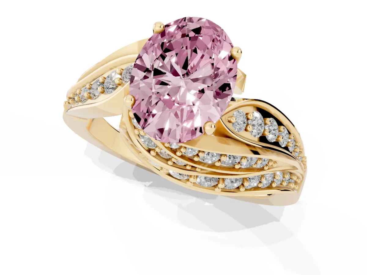 Fancy Pink Oval Cut Diamond Solitaire Ring with Prong Setting and Twisted Pavé Band Yellow gold