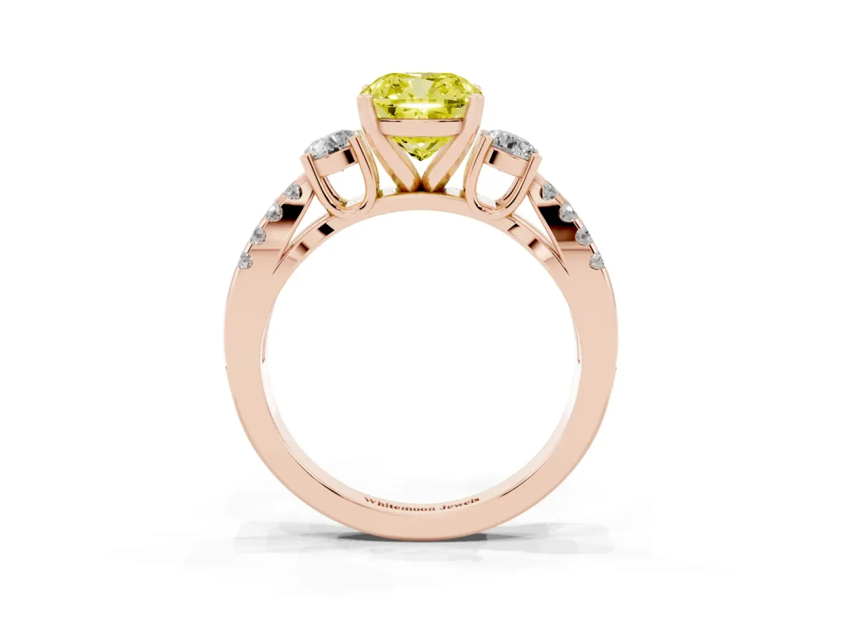 Fancy Yellow Cushion Cut Diamond Three-Stone Ring with Pavé Split Shank and Four-Prong Setting Rose gold