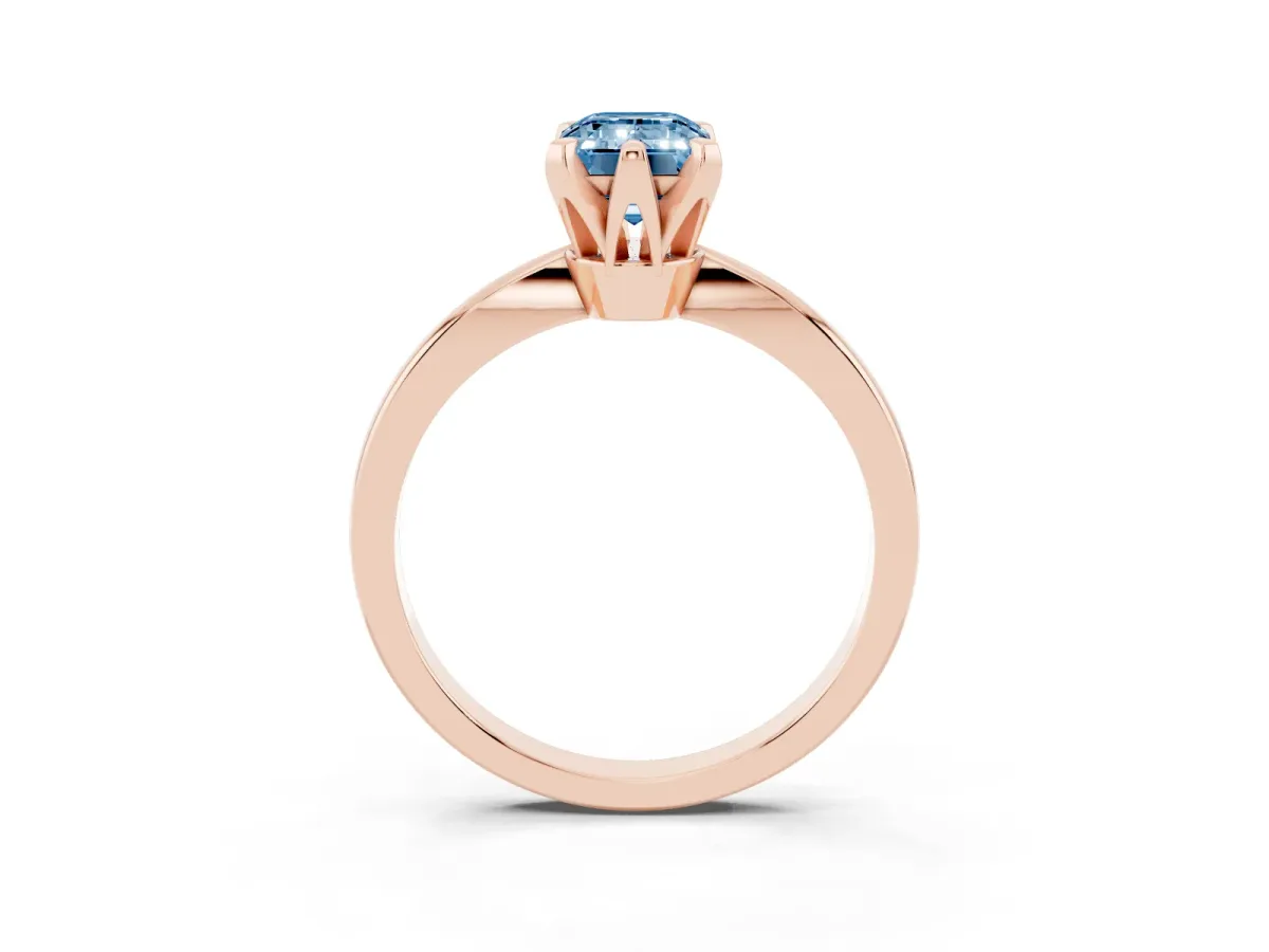 Fancy Blue Emerald Cut Solitaire Engagement Ring with Six-Prong Setting and Tapered Band Rose gold