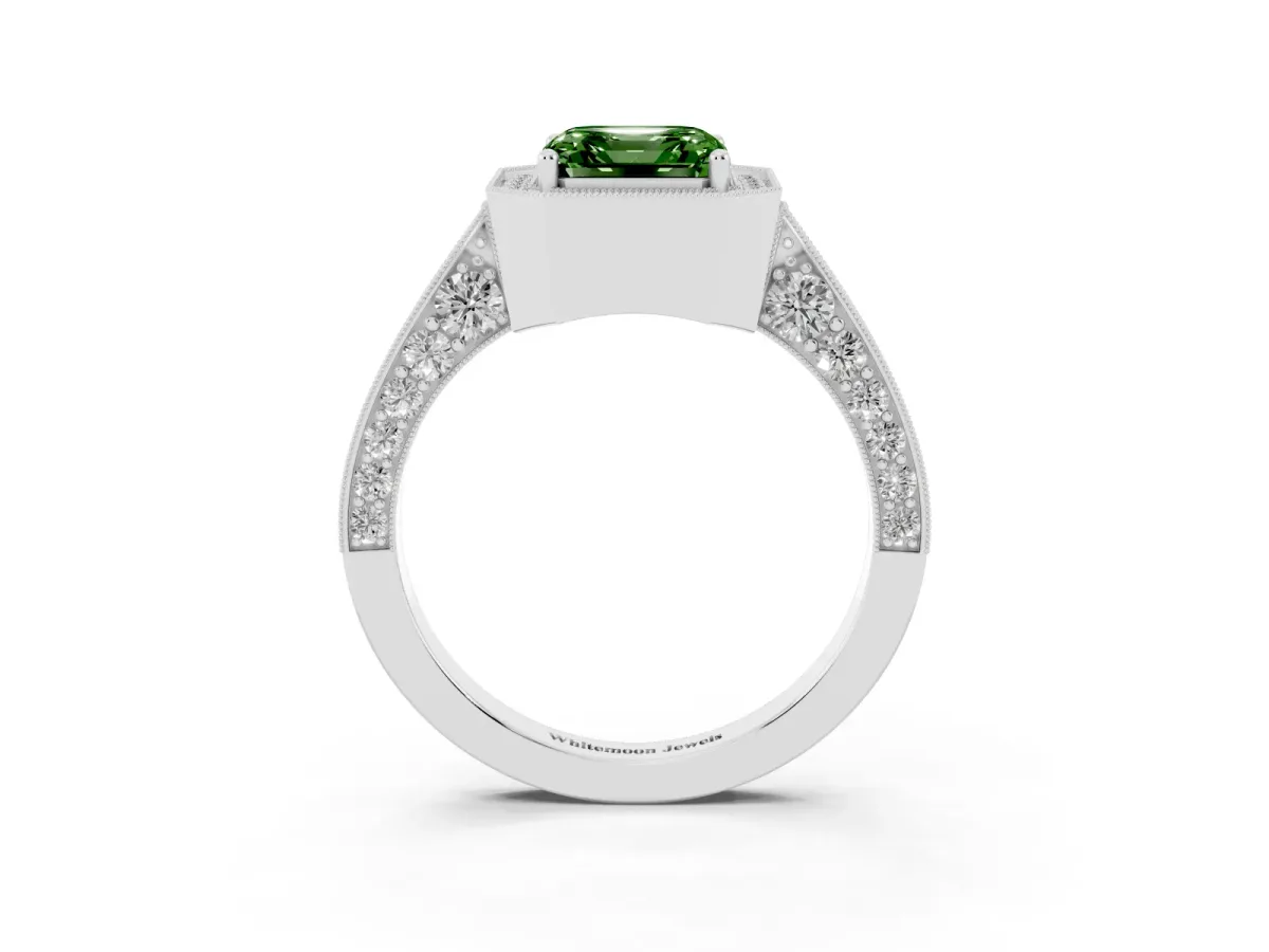 Fancy Green Asscher Cut Halo Diamond Engagement Ring with Split Shank Band and Four-Prong Setting Platinum