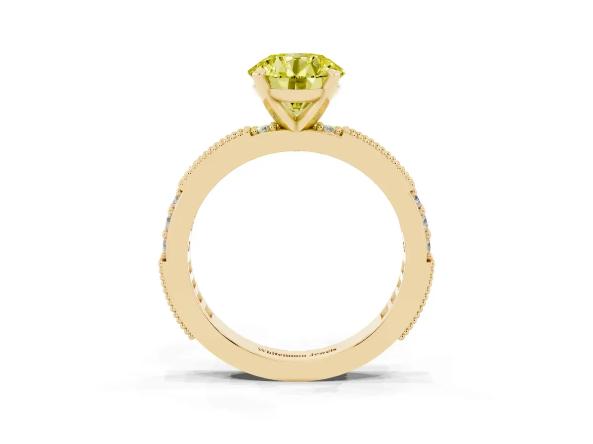 Fancy Yellow Round Cut Solitaire with Pavé Band and Four-Prong Setting Yellow gold
