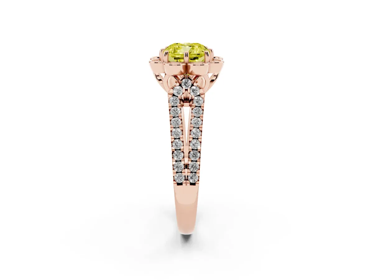 Fancy Yellow Cushion Cut Halo Diamond Floral Split Shank Engagement Ring Rose gold
