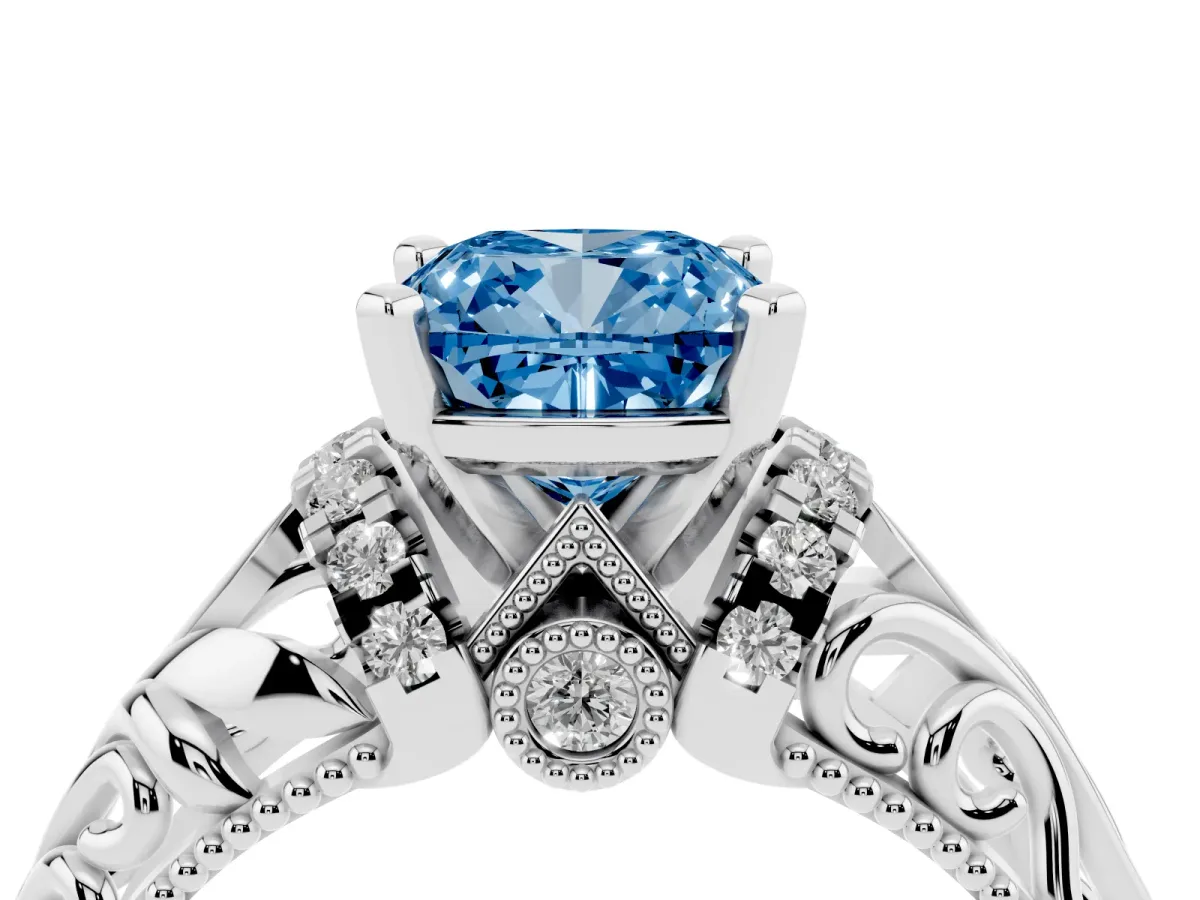 Fancy Blue Cushion Cut Solitaire Filigree Engagement Ring with Halo and Prong Setting Silver