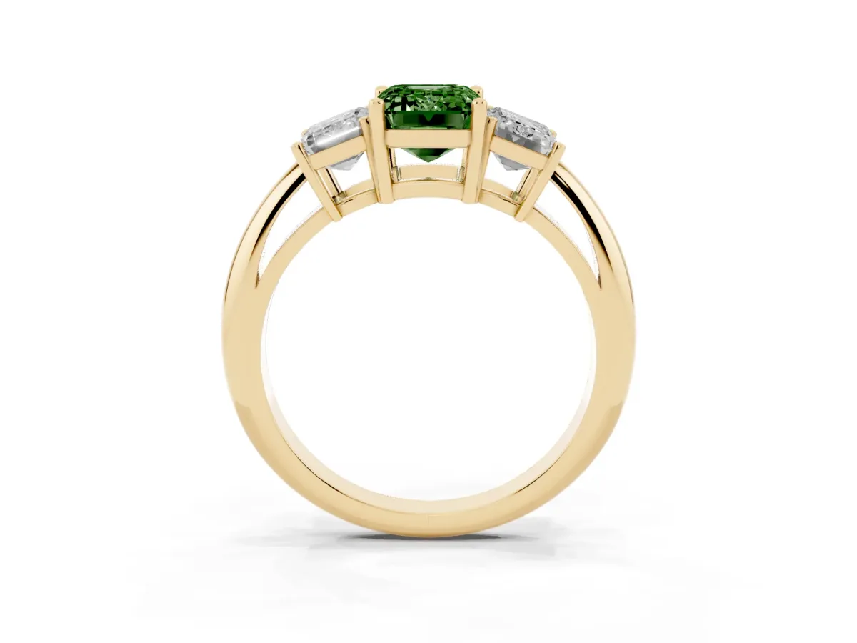Fancy Green Three-Stone Emerald Cut Cut Diamond Engagement Ring with Prong Setting on a White Gold Band Yellow gold