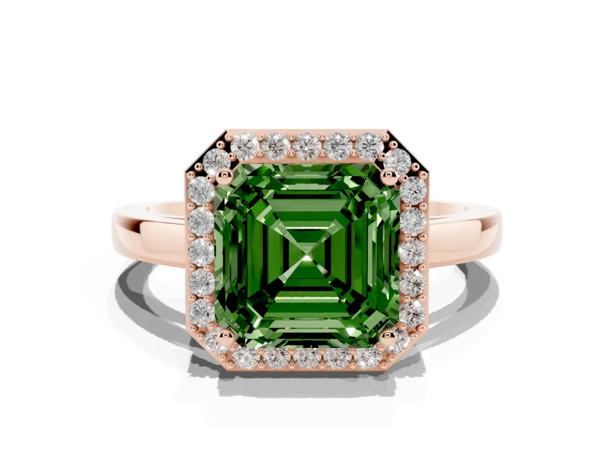 Fancy Green Asscher Cut Halo Diamond Ring with Solitaire Band and Prong Setting Rose gold