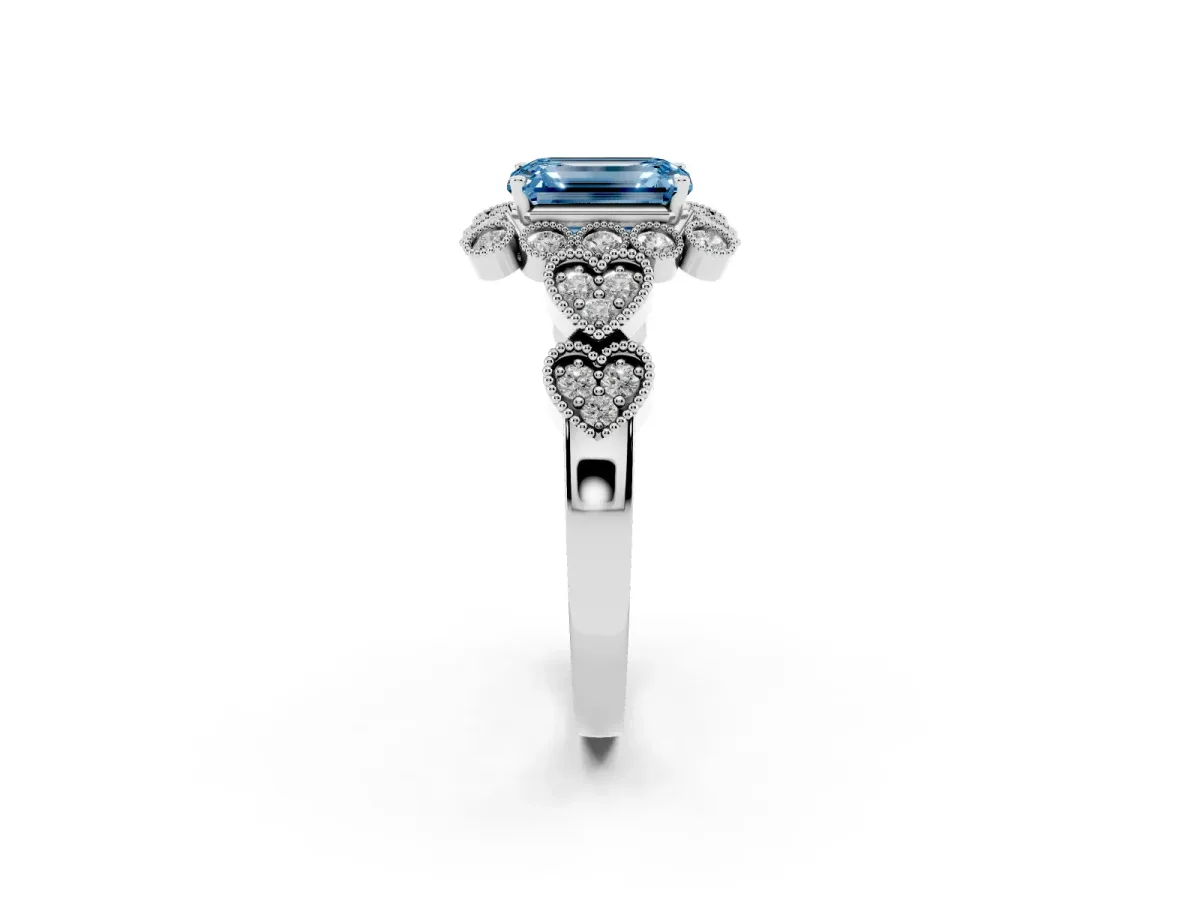 Fancy Blue Emerald Cut Brilliant Milgrain Pave Heart Band Solitaire Ring Silver
