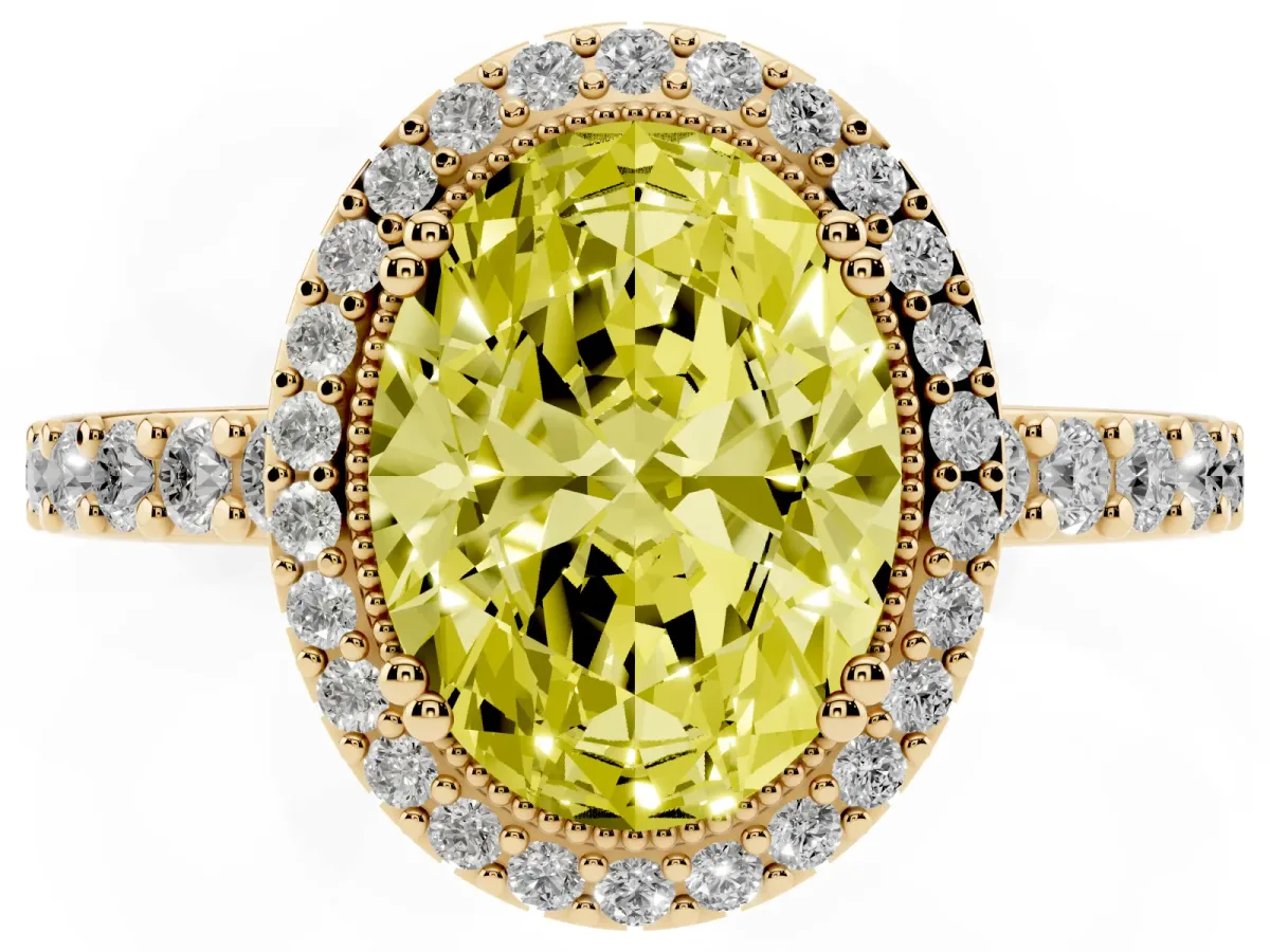 Fancy Yellow Oval Cut Cut Diamond Halo Engagement Ring with Milgrain Detail and Pavé Band Yellow gold