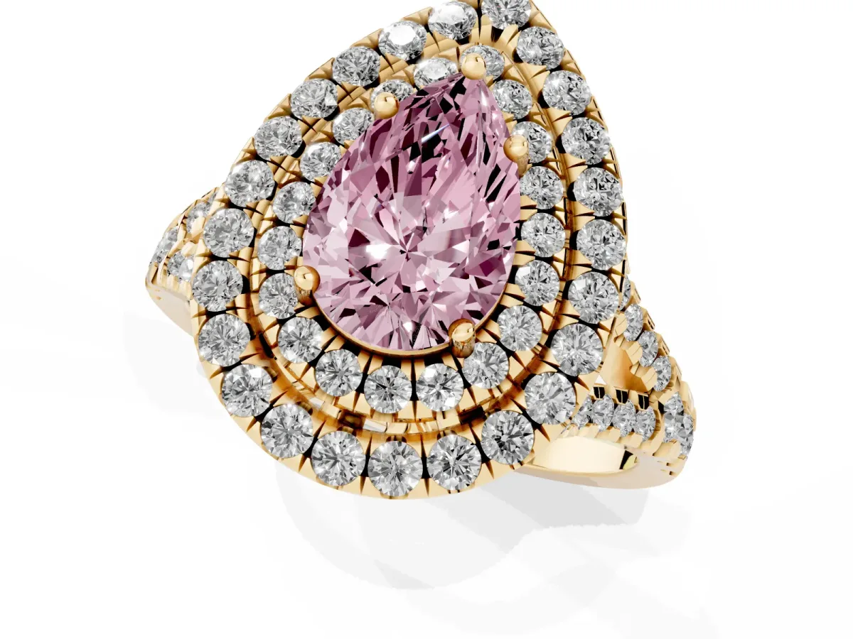 Fancy Pink Double Halo Pear Cut Diamond Pavé Split Shank Ring with Prong Setting Yellow gold