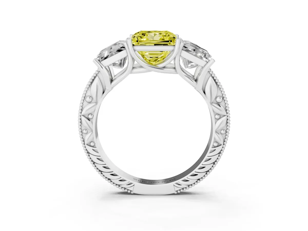 Fancy Yellow Three-Stone Princess Cut Cut Milgrain Pavé Engagement Ring Silver