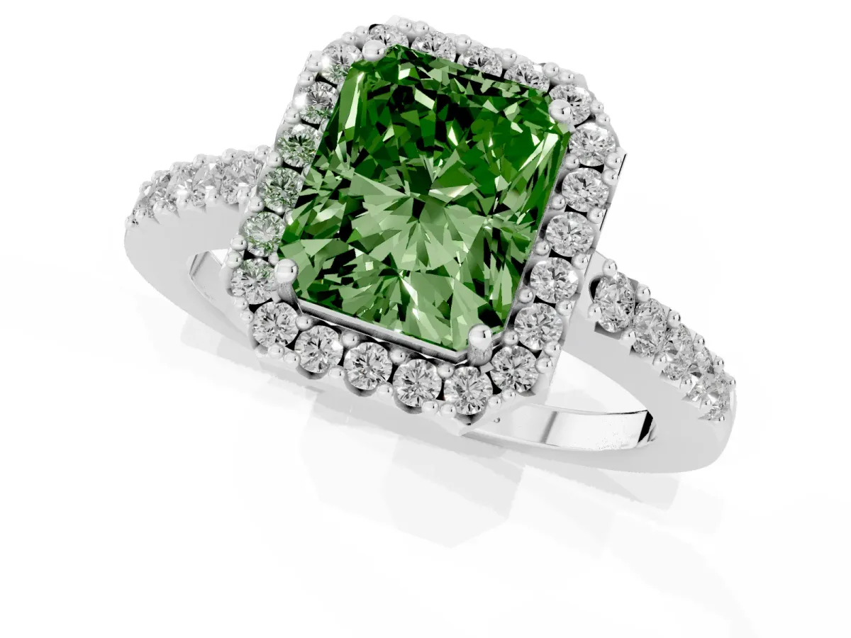 Fancy Green Radiant Cut Halo Diamond Pavé Solitaire Ring Silver