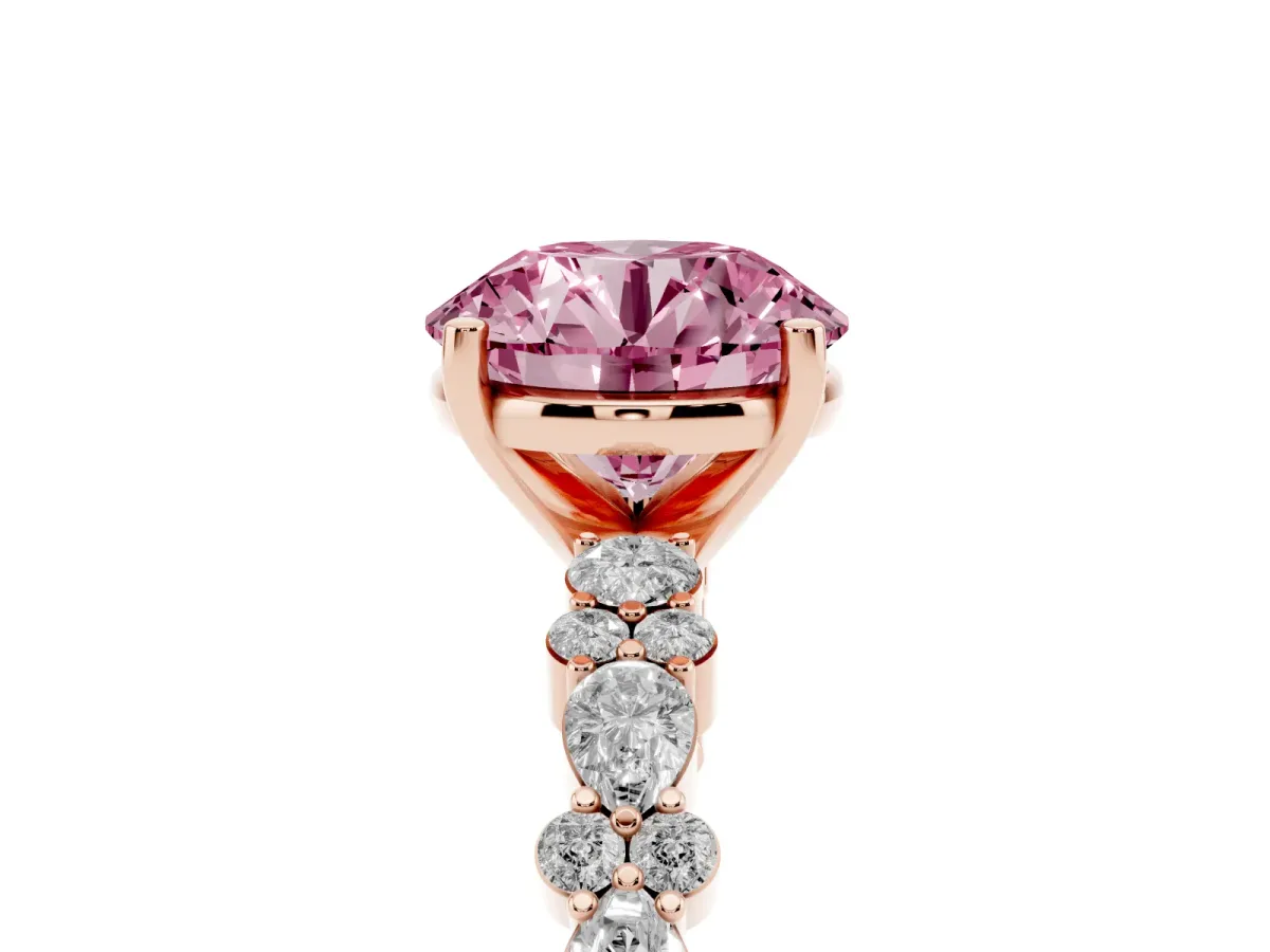 Fancy Pink Round Cut Diamond Side Stone Solitaire Ring with Round and Four-Prong Setting Rose gold