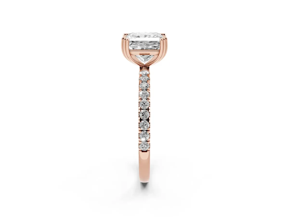 Princess Cut Brilliant Solitaire with Pavé Band and Claw Prong Setting Rose gold