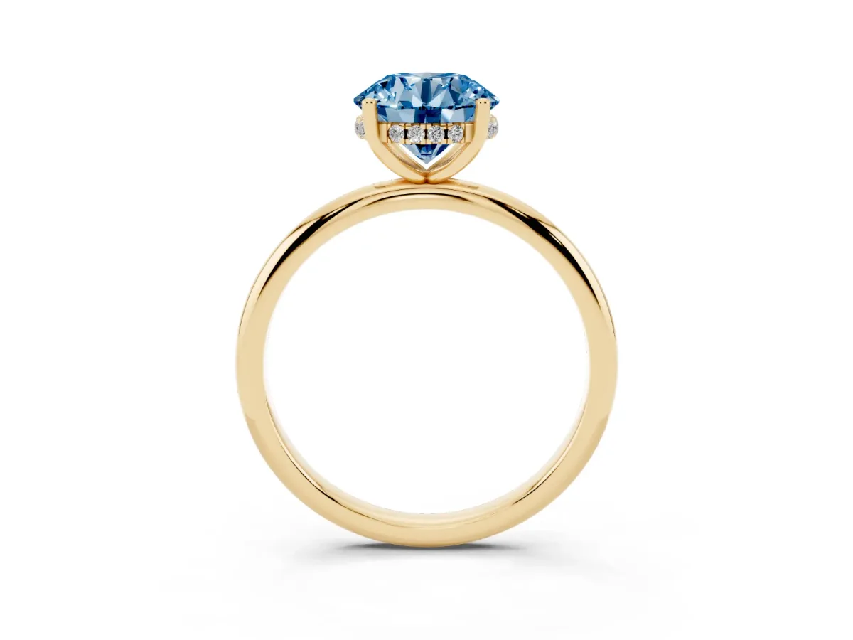 Fancy Blue Round Cut Cut Solitaire Engagement Ring with Four-Prong Setting and Classic Band Yellow gold