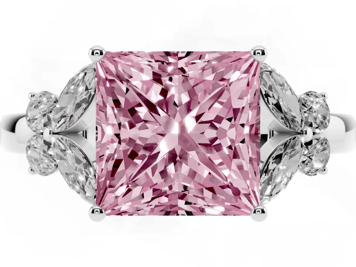 Fancy Pink Princess Cut Cut Solitaire Floral Diamond Ring with Four-Prong Setting Silver