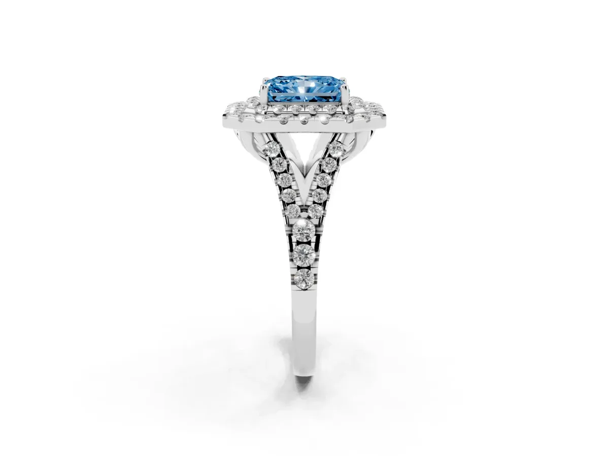 Fancy Blue Double Halo Radiant Cut Diamond Pavé Split Shank Ring with Prong Setting Platinum
