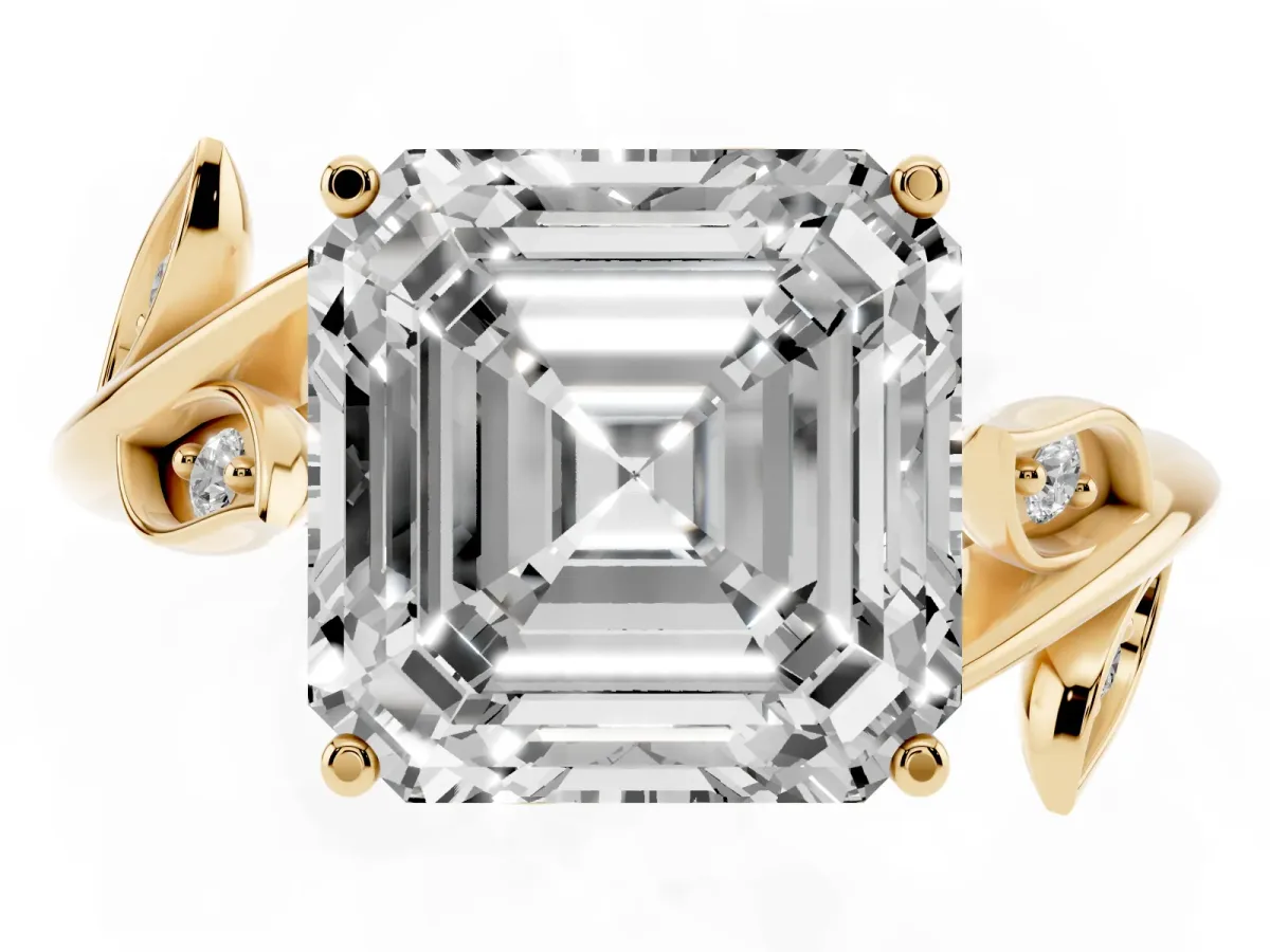 Asscher Cut Solitaire Twist Engagement Ring with Leaf Accents and Prong Setting Yellow gold