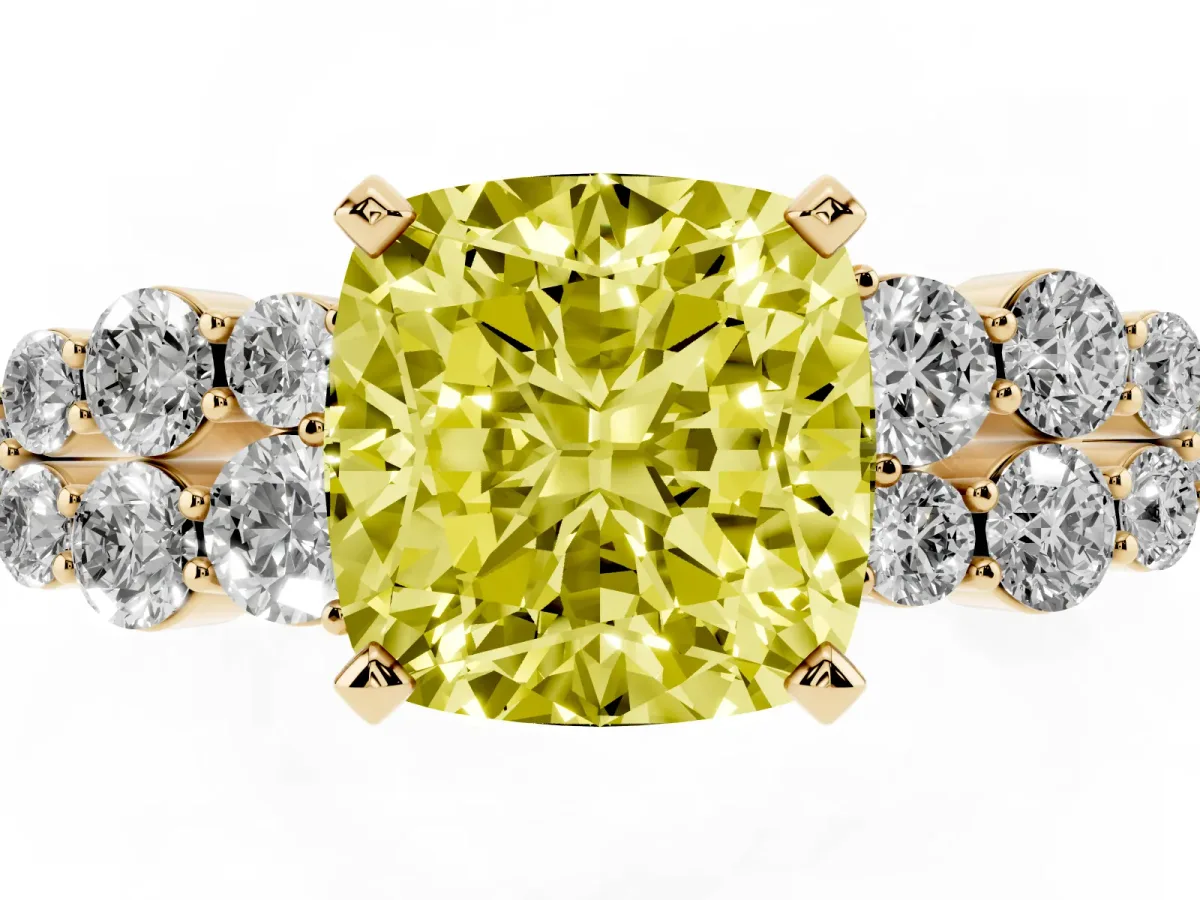 Fancy Yellow Cushion Cut Cluster Diamond Engagement Ring with Pavé Band and Four-Prong Setting Yellow gold