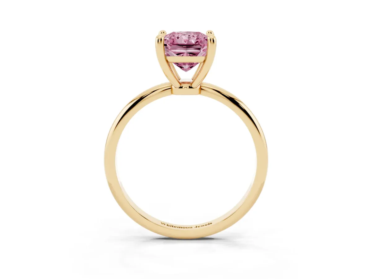 Fancy Pink Radiant Cut Solitaire Diamond Ring with 4-Prong Setting on a Classic Band Yellow gold