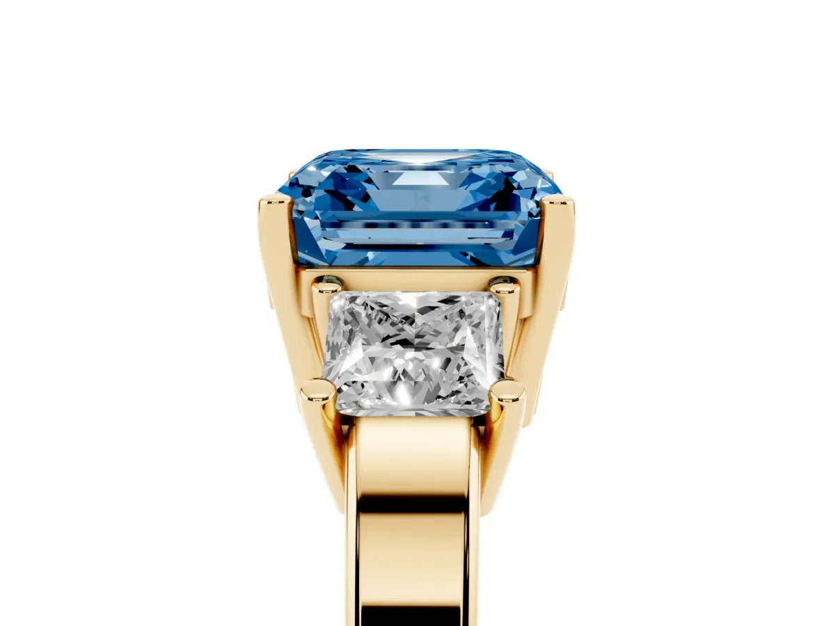 Fancy Blue Three-Stone Asscher Cut Cut Solitaire Ring with Prong Setting Yellow gold