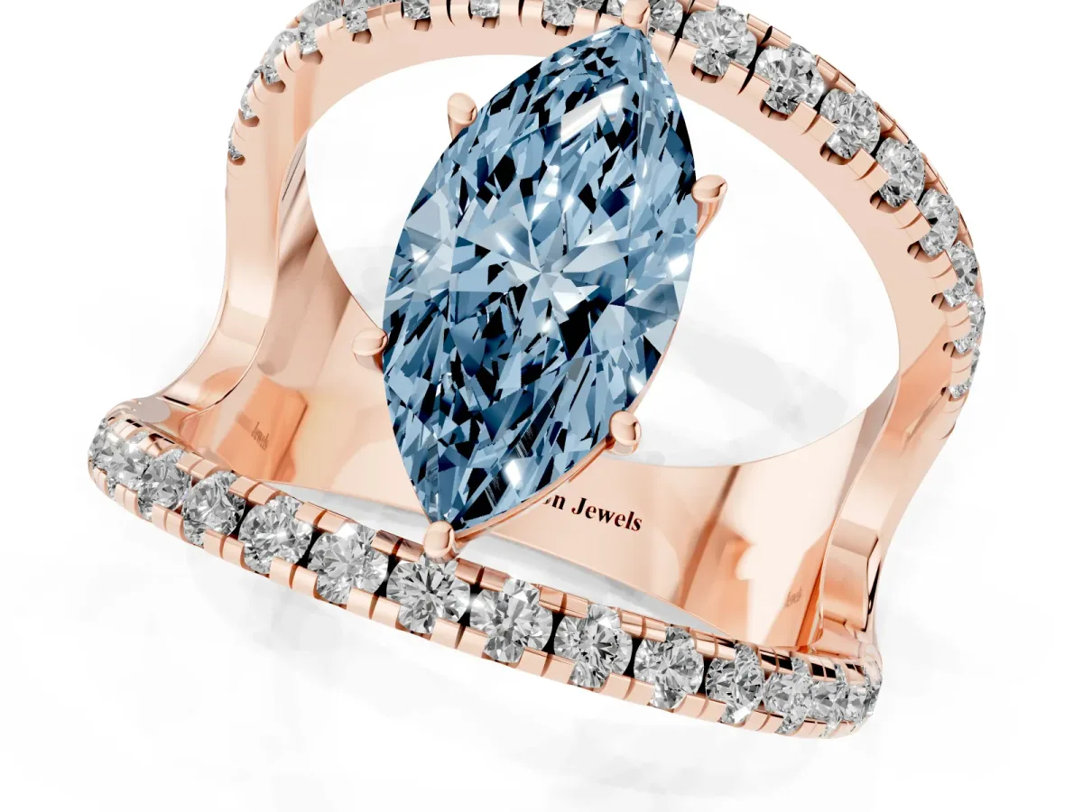 Fancy Blue Marquise Cut Solitaire Split Shank Pave Diamond Ring Rose gold