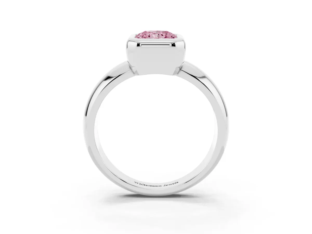 Fancy Pink Bezel Set Radiant Cut Solitaire Ring with Wide Band Platinum