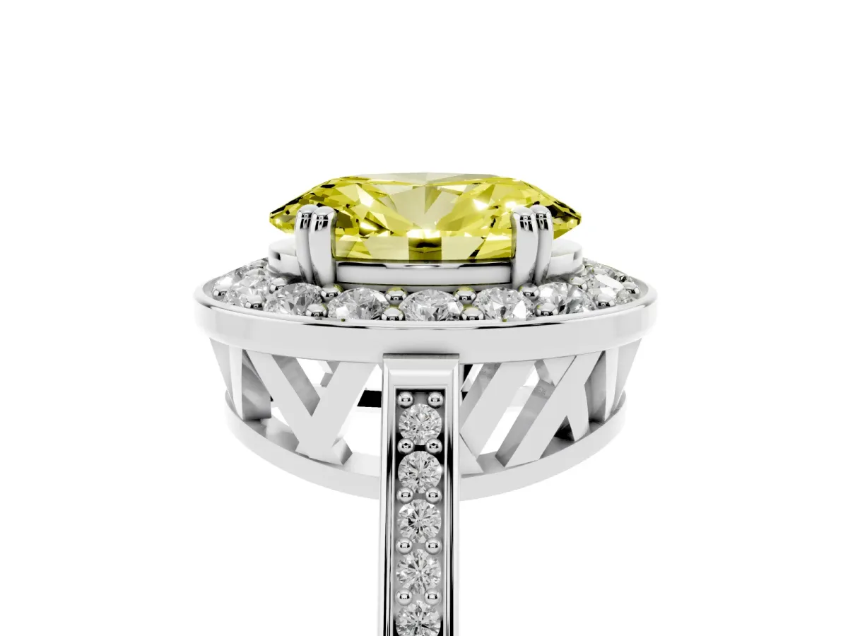 Fancy Yellow Oval Cut Diamond Halo Ring with Split Shank and Four-Prong Setting Silver