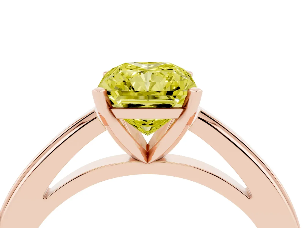 Fancy Yellow Radiant Cut Solitaire Diamond Ring with Four-Prong Setting and Classic Band Rose gold