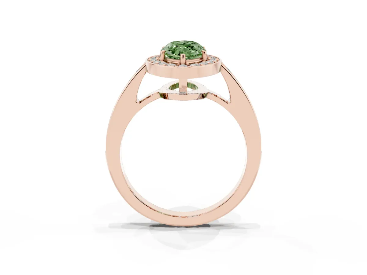 Fancy Green Marquise Cut Halo Pavé Diamond Engagement Ring with Bezel Setting Rose gold