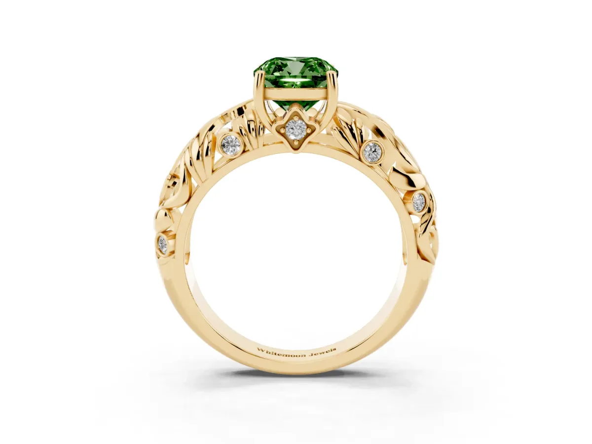 Fancy Green Cushion Cut Solitaire Diamond Leaf-Inspired Vine Band Ring with Prong Setting Yellow gold