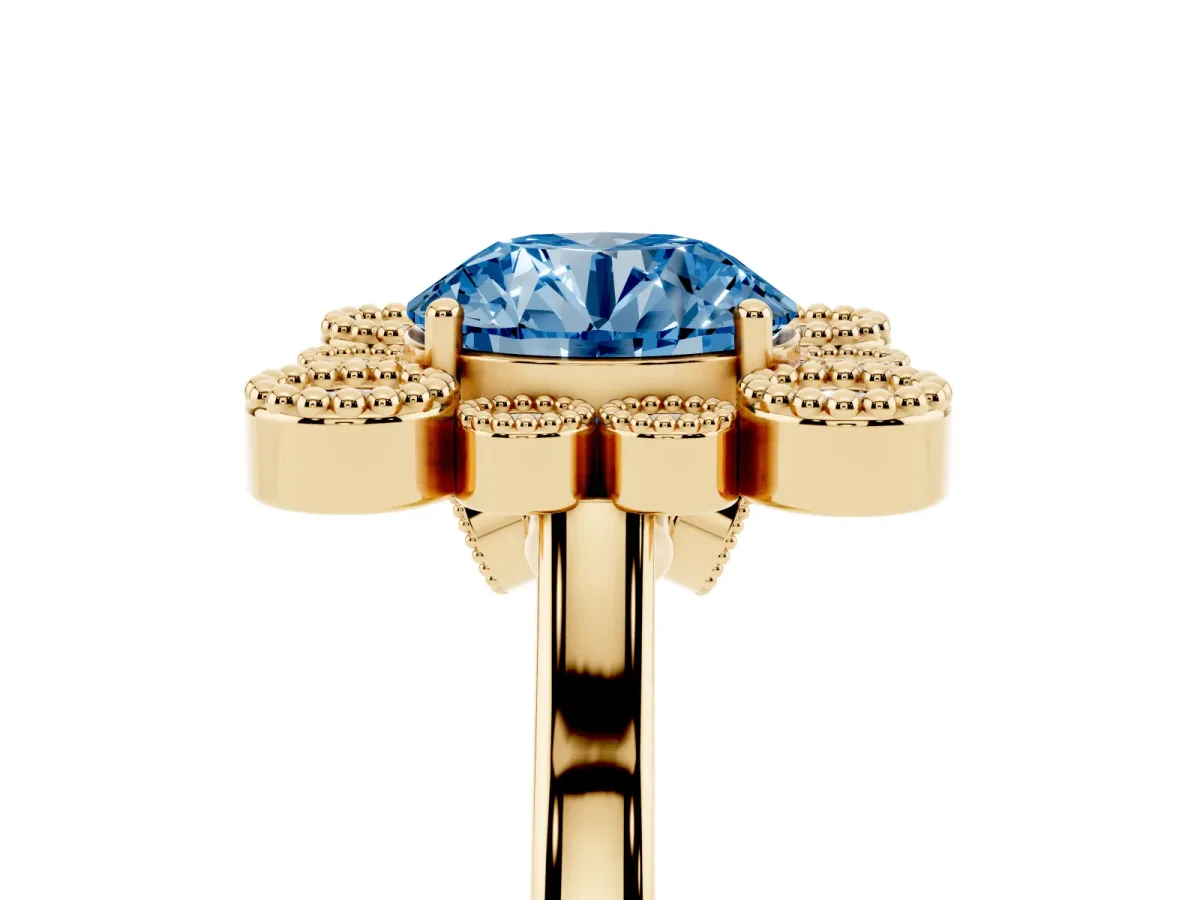 Fancy Blue Round Cut Halo Diamond Cluster Engagement Ring with Milgrain Bezel Setting and Solitaire Band Yellow gold