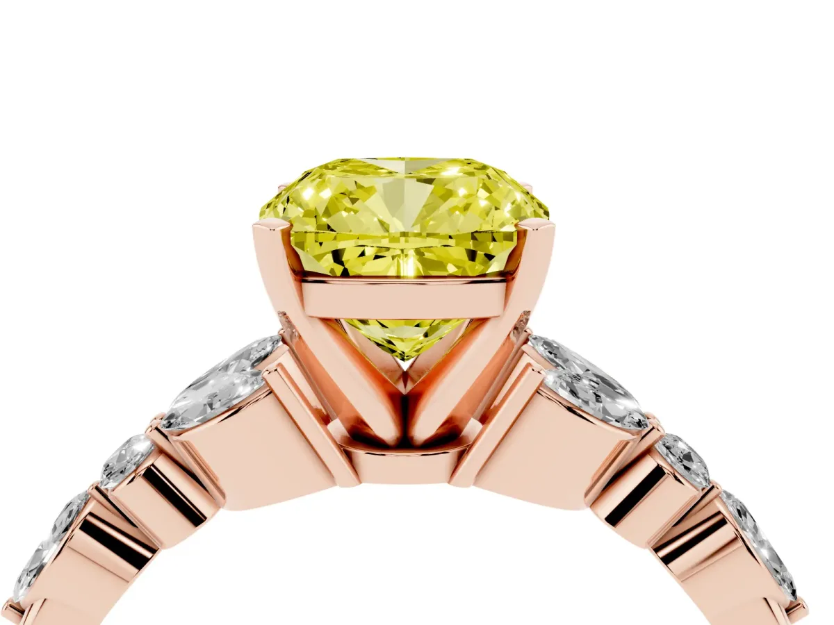 Fancy Yellow Cushion Cut Diamond Solitaire Ring with Side Stones and Four-Prong Setting Rose gold