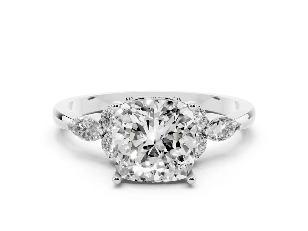 Cushion Cut Brilliant Diamond Solitaire Ring with Pear Side Stones and Four-Prong Setting Silver