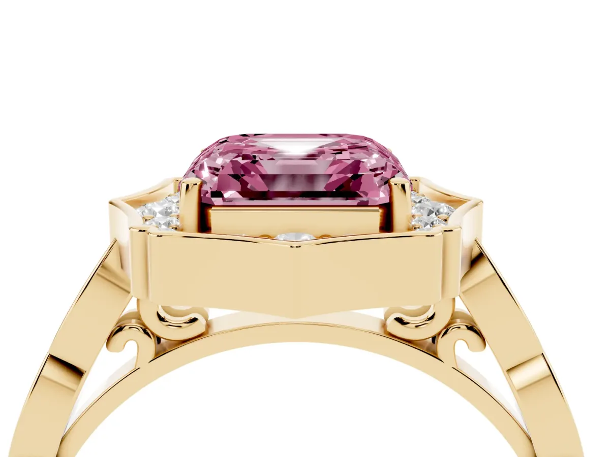Fancy Pink Asscher Cut Halo Diamond Engagement Ring with Milgrain Band and Four-Prong Setting Yellow gold