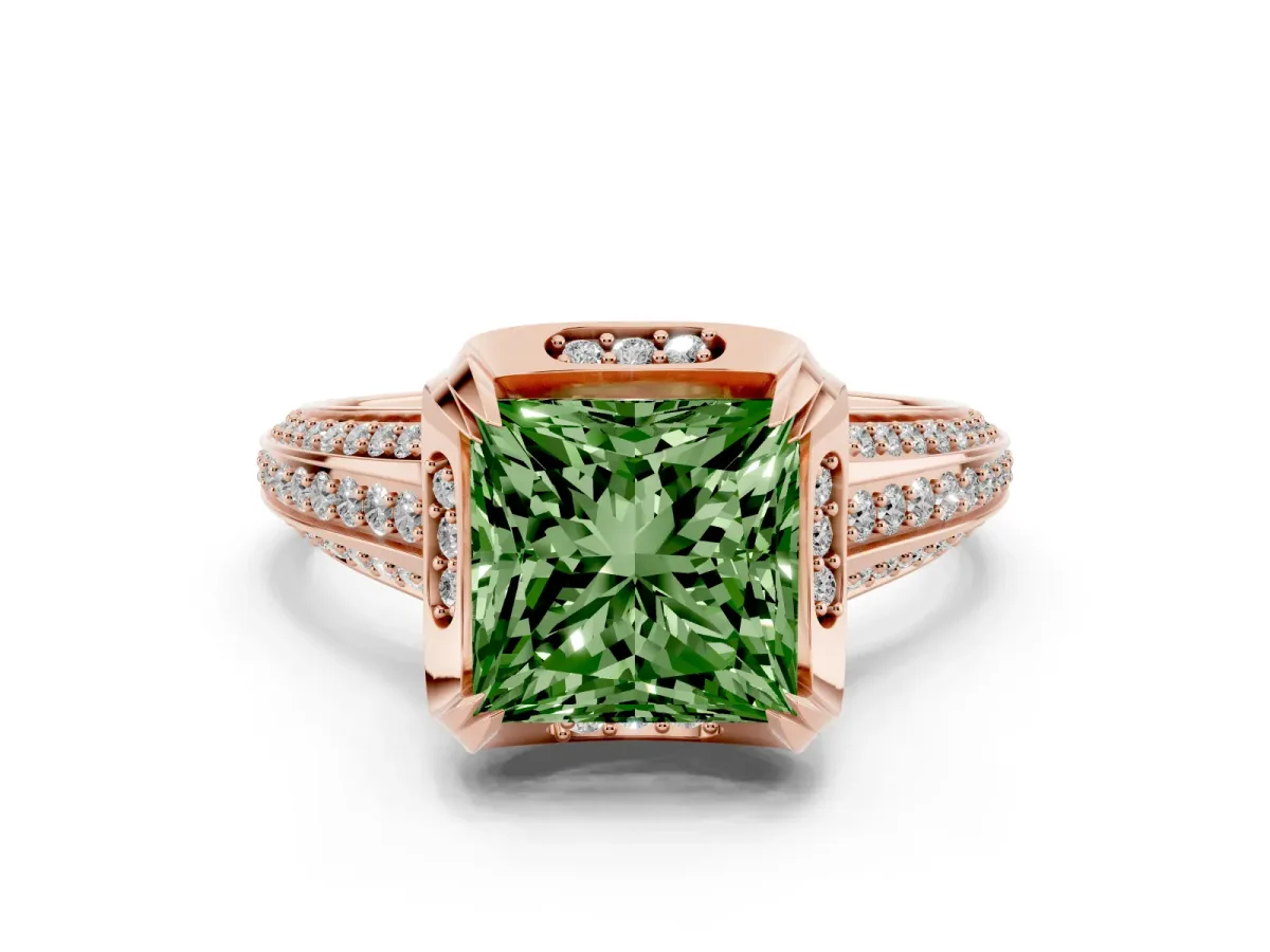 Fancy Green Princess Cut Solitaire Pave Split Shank Ring with Four-Prong Setting Rose gold
