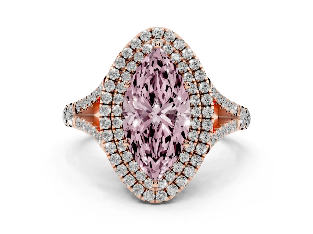 Fancy Pink Double Halo Marquise Cut Diamond Split Shank Engagement Ring with Four-Prong Setting Rose gold