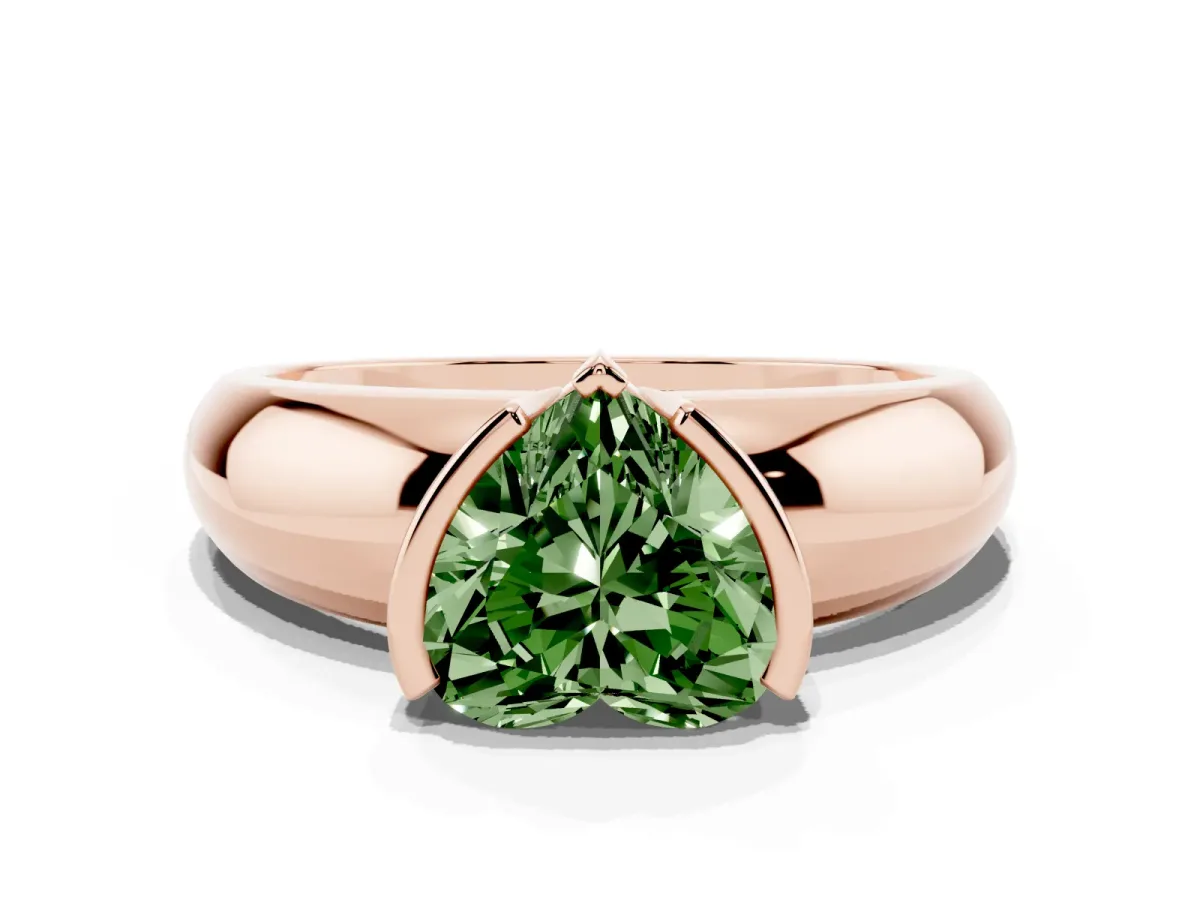 Fancy Green Heart Cut Solitaire Tension Set Diamond Ring with Wide Band Rose gold