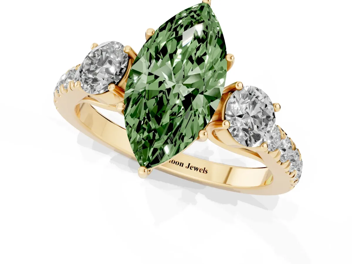 Fancy Green Marquise Cut Cut Diamond Three-Stone Ring with Round Side Stones and Pavé Band Yellow gold