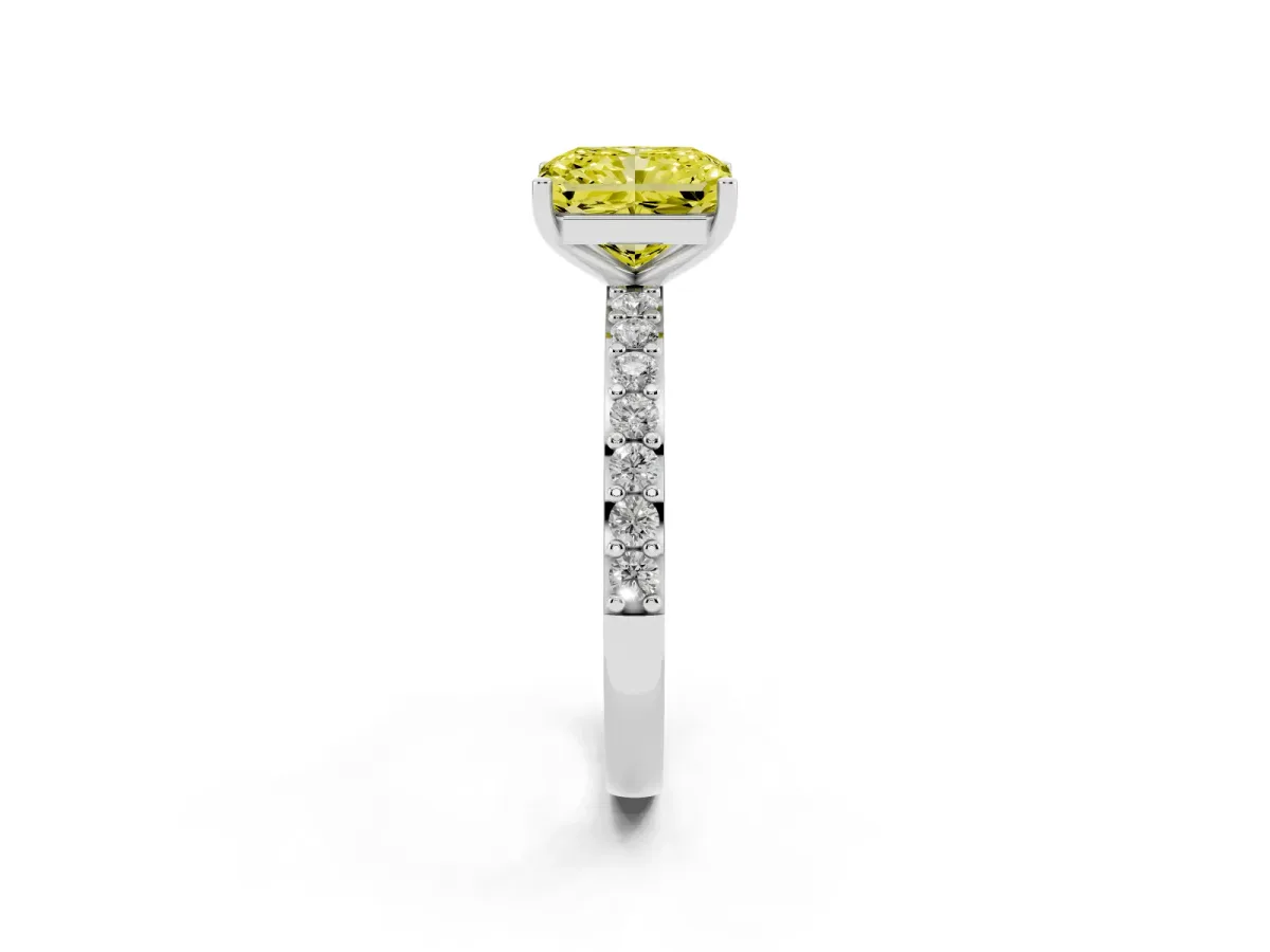 Fancy Yellow Radiant Cut Cut Diamond Solitaire with Pave Band and Four-Prong Setting Platinum