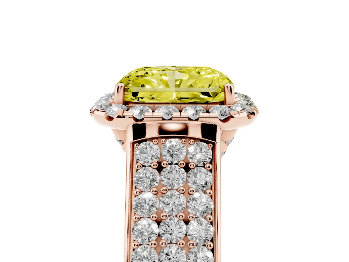 Fancy Yellow Radiant Cut Halo Round Diamond Pave Band with Prong Setting Rose gold