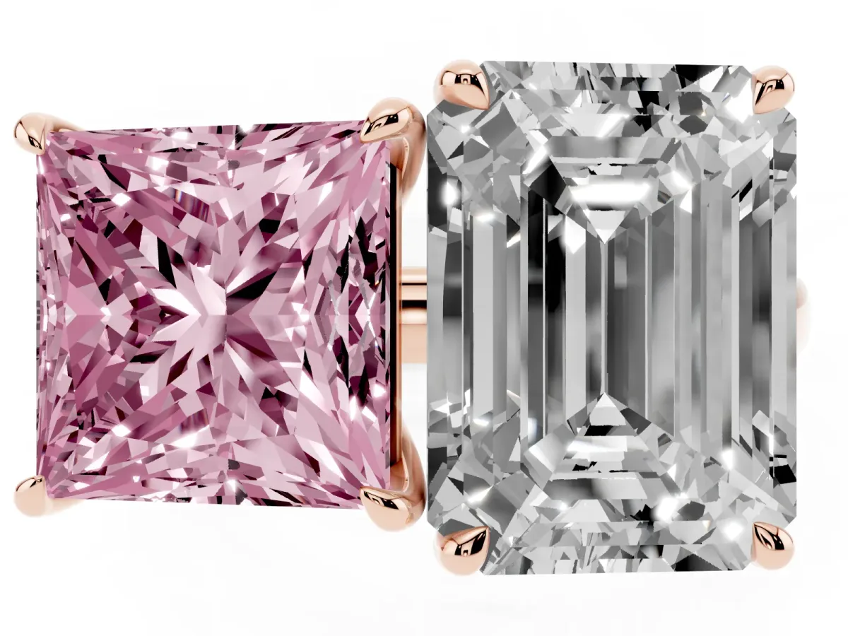Fancy Pink Princess Cut and Emerald Cut Toi Moi Ring with Prong Setting Rose gold