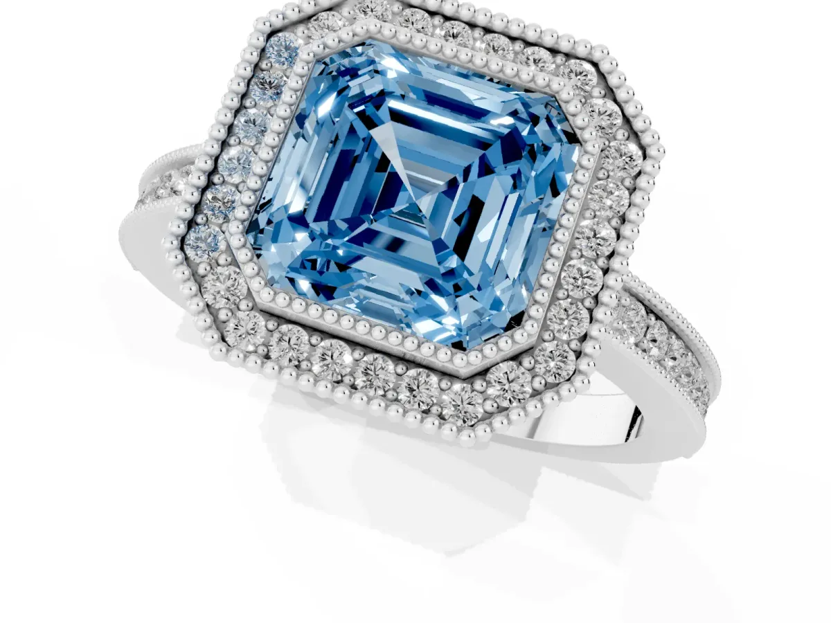 Fancy Blue Asscher Cut Cut Halo Diamond Ring with Pavé Band and Milgrain Prong Setting Silver
