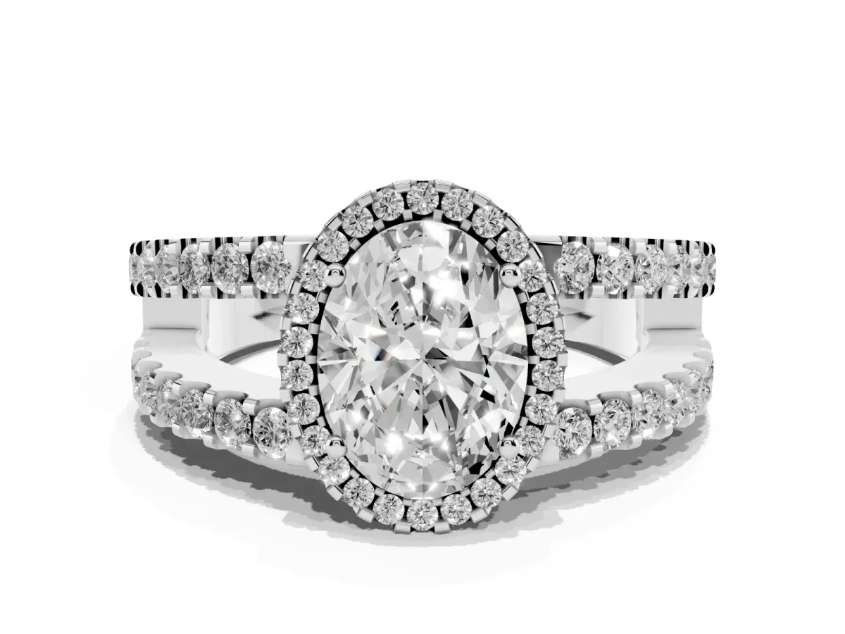 Oval Cut Cut Halo Split Shank Diamond Ring with Four-Prong Setting Silver
