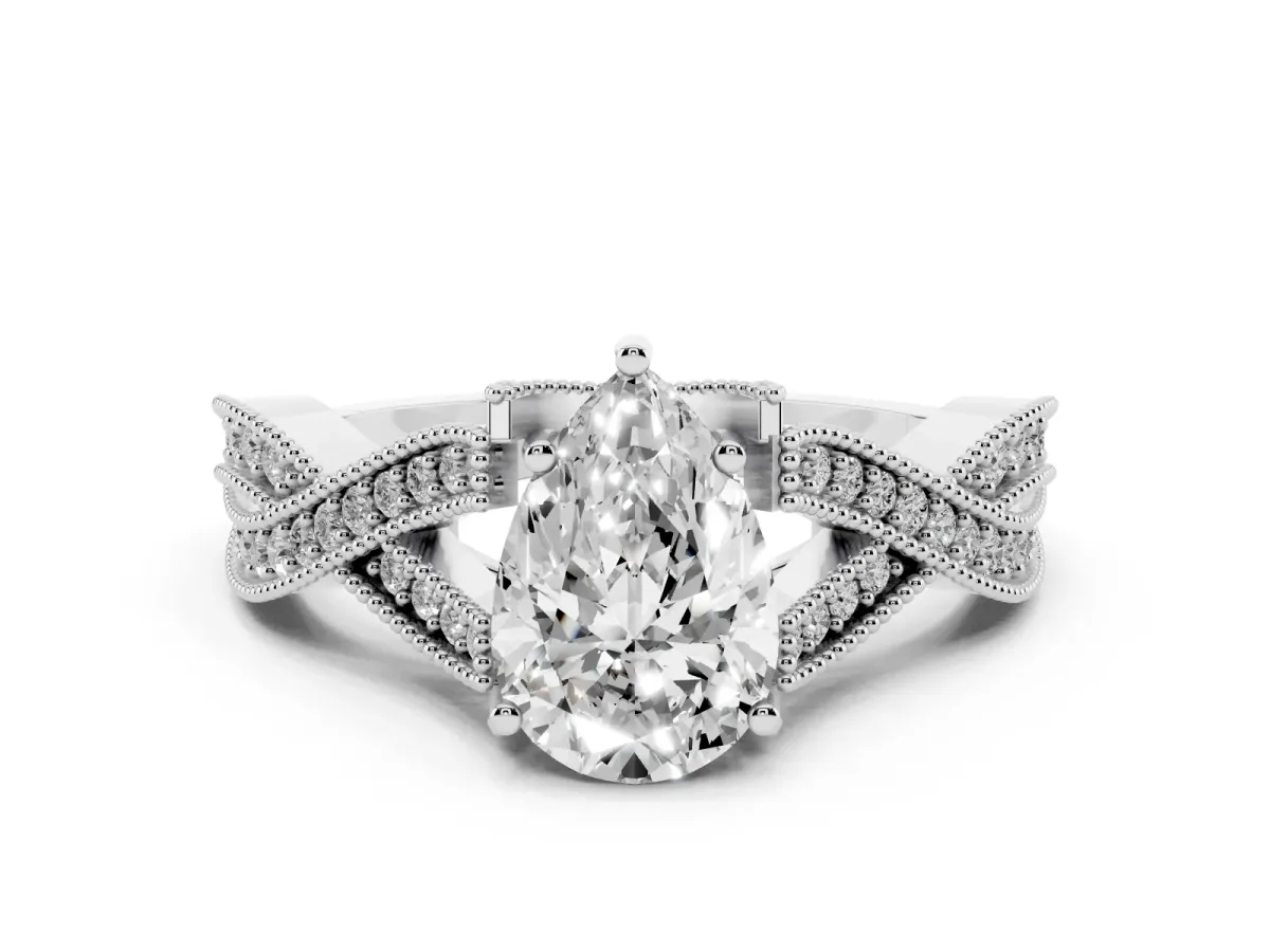 Pear Cut Cut Diamond Twisted Band with Milgrain Pave Setting and Four-Prong Setting Platinum