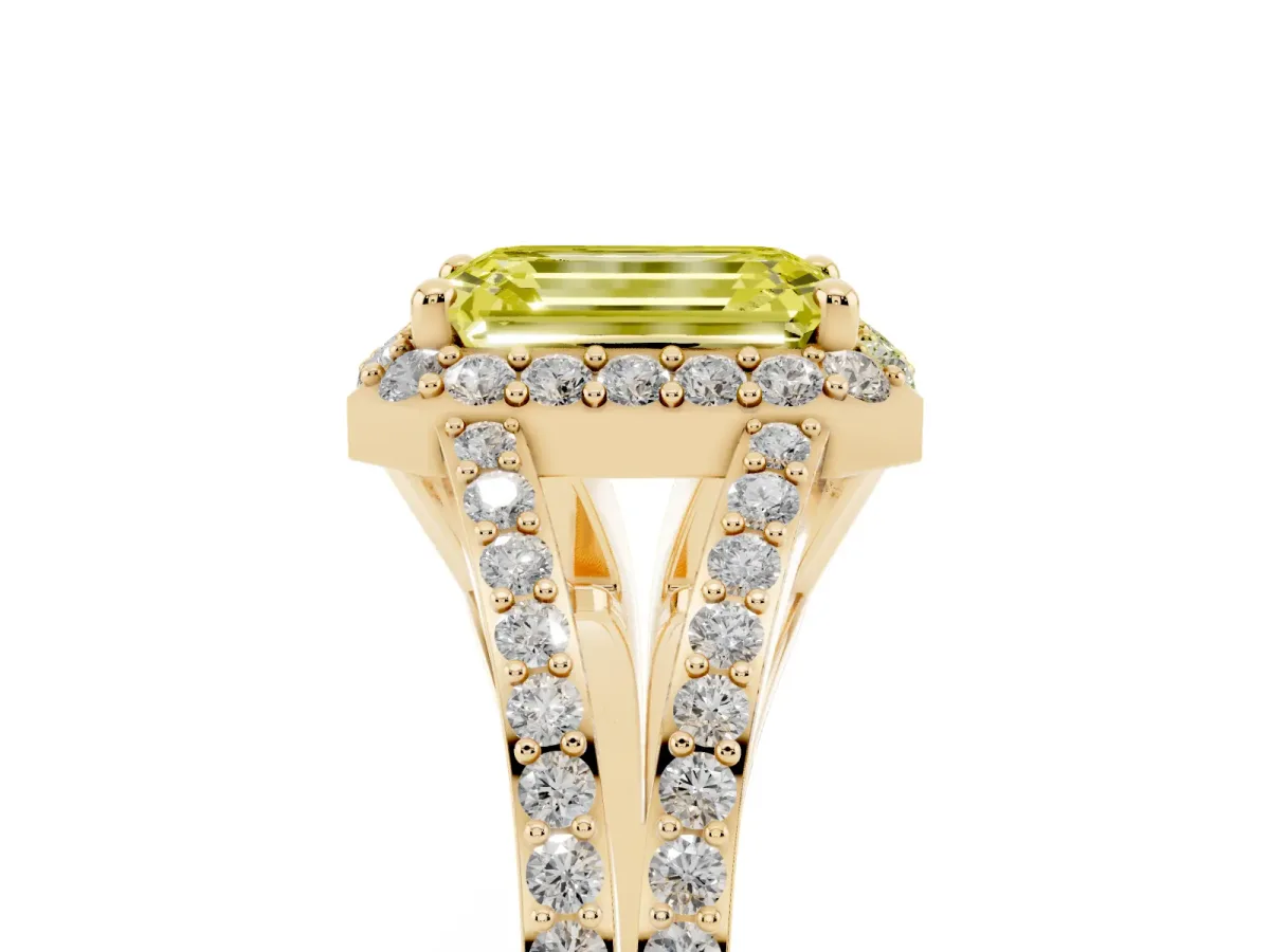 Fancy Yellow Emerald Cut Halo Split Shank Diamond Ring with Prong Setting Yellow gold