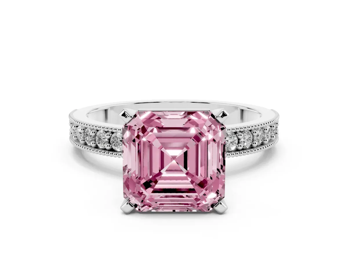 Fancy Pink Asscher Cut Diamond Milgrain Pavé Engagement Ring with Four-Prong Setting Silver